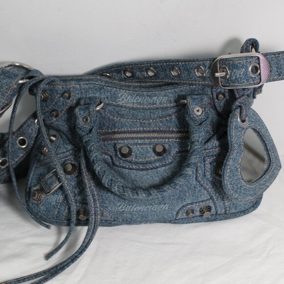 Balenciaga  Bag Girly Allover Denim Shoulder Bag Crossbody Top Handle Rivets - Picture 8 of 14